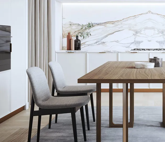 Sala da pranzo elegante con pavimenti in legno Mayfair di Itlas, caratterizzata da toni caldi e superfici naturali 