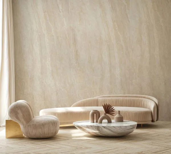 Living moderno con pavimenti in gres effetto marmo Makrana di EnergieKer